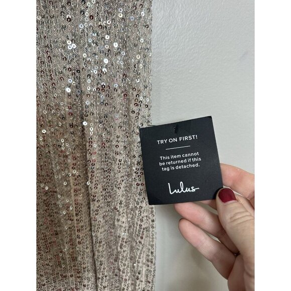 Lulu’s Evenings Of Elegance Dress Medium Champagne Sequin Lace-Up Slit NWT - Picture 5 of 13